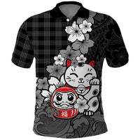 Black Palaka Hawaiian And Japanese Polo Shirt Maneki Neko And Sakura Bloom