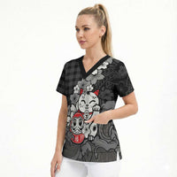 Black Palaka Hawaiian And Japanese Scrub Top Maneki Neko And Sakura Bloom DT05 - Polynesian Pride