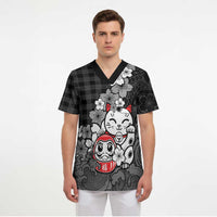 Black Palaka Hawaiian And Japanese Scrub Top Maneki Neko And Sakura Bloom DT05 - Polynesian Pride
