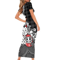 Black Palaka Hawaiian And Japanese Short Sleeve Bodycon Dress Maneki Neko And Sakura Bloom DT05 - Polynesian Pride
