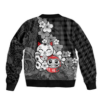 Black Palaka Hawaiian And Japanese Sleeve Zip Bomber Jacket Maneki Neko And Sakura Bloom