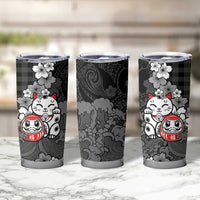 Black Palaka Hawaiian And Japanese Tumbler Cup Maneki Neko And Sakura Bloom