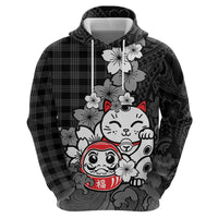 Black Palaka Hawaiian And Japanese Zip Hoodie Maneki Neko And Sakura Bloom DT05 - Polynesian Pride
