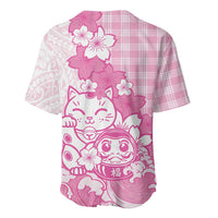 Pink Palaka Hawaiian And Japanese Baseball Jersey Maneki Neko And Sakura Bloom