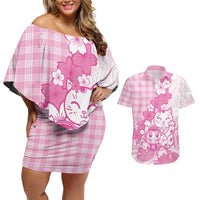 Pink Palaka Hawaiian And Japanese Couples Matching Off Shoulder Short Dress and Hawaiian Shirt Maneki Neko And Sakura Bloom