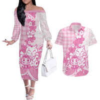 Pink Palaka Hawaiian And Japanese Couples Matching Off The Shoulder Long Sleeve Dress and Hawaiian Shirt Maneki Neko And Sakura Bloom