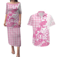 Pink Palaka Hawaiian And Japanese Couples Matching Puletasi and Hawaiian Shirt Maneki Neko And Sakura Bloom