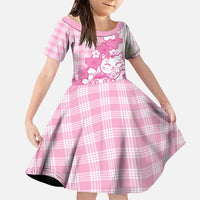 Pink Palaka Hawaiian And Japanese Family Matching Off The Shoulder Long Sleeve Dress and Hawaiian Shirt Maneki Neko And Sakura Bloom DT05 Daughter's Dress Pink - Polynesian Pride