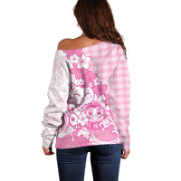 Pink Palaka Hawaiian And Japanese Off Shoulder Sweater Maneki Neko And Sakura Bloom