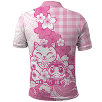 Pink Palaka Hawaiian And Japanese Polo Shirt Maneki Neko And Sakura Bloom