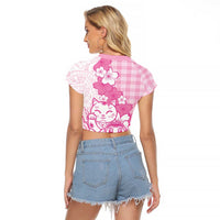 Pink Palaka Hawaiian And Japanese Raglan Cropped T Shirt Maneki Neko And Sakura Bloom DT05 - Polynesian Pride