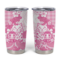 Pink Palaka Hawaiian And Japanese Tumbler Cup Maneki Neko And Sakura Bloom
