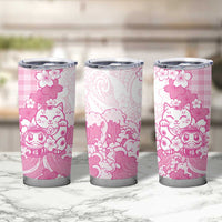 Pink Palaka Hawaiian And Japanese Tumbler Cup Maneki Neko And Sakura Bloom