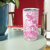 Pink Palaka Hawaiian And Japanese Tumbler Cup Maneki Neko And Sakura Bloom
