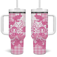 Pink Palaka Hawaiian And Japanese Tumbler With Handle Maneki Neko And Sakura Bloom