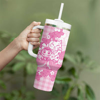 Pink Palaka Hawaiian And Japanese Tumbler With Handle Maneki Neko And Sakura Bloom