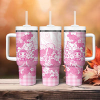 Pink Palaka Hawaiian And Japanese Tumbler With Handle Maneki Neko And Sakura Bloom