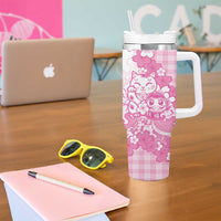 Pink Palaka Hawaiian And Japanese Tumbler With Handle Maneki Neko And Sakura Bloom