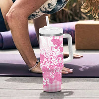 Pink Palaka Hawaiian And Japanese Tumbler With Handle Maneki Neko And Sakura Bloom