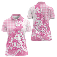 Pink Palaka Hawaiian And Japanese Women Polo Shirt Maneki Neko And Sakura Bloom