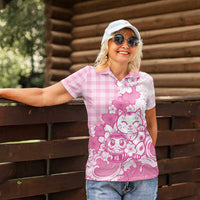 Pink Palaka Hawaiian And Japanese Women Polo Shirt Maneki Neko And Sakura Bloom
