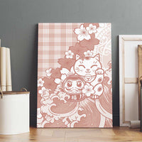 Beige Palaka Hawaiian And Japanese Canvas Wall Art Maneki Neko And Sakura Bloom