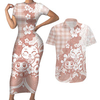 Beige Palaka Hawaiian And Japanese Couples Matching Short Sleeve Bodycon Dress and Hawaiian Shirt Maneki Neko And Sakura Bloom