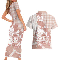 Beige Palaka Hawaiian And Japanese Couples Matching Short Sleeve Bodycon Dress and Hawaiian Shirt Maneki Neko And Sakura Bloom