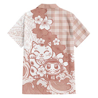 Beige Palaka Hawaiian And Japanese Family Matching Off The Shoulder Long Sleeve Dress and Hawaiian Shirt Maneki Neko And Sakura Bloom DT05 - Polynesian Pride