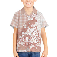 Beige Palaka Hawaiian And Japanese Family Matching Off The Shoulder Long Sleeve Dress and Hawaiian Shirt Maneki Neko And Sakura Bloom DT05 Son's Shirt Beige - Polynesian Pride