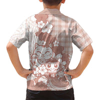 Beige Palaka Hawaiian And Japanese Family Matching Off Shoulder Maxi Dress and Hawaiian Shirt Maneki Neko And Sakura Bloom DT05 - Polynesian Pride