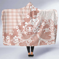 Beige Palaka Hawaiian And Japanese Hooded Blanket Maneki Neko And Sakura Bloom