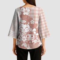Beige Palaka Hawaiian And Japanese Kimono Sleeve Blouse Maneki Neko And Sakura Bloom