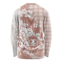 Beige Palaka Hawaiian And Japanese Long Sleeve Shirt Maneki Neko And Sakura Bloom