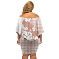 Beige Palaka Hawaiian And Japanese Off Shoulder Short Dress Maneki Neko And Sakura Bloom DT05 - Polynesian Pride