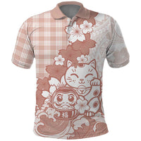 Beige Palaka Hawaiian And Japanese Polo Shirt Maneki Neko And Sakura Bloom