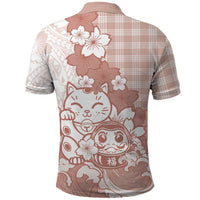 Beige Palaka Hawaiian And Japanese Polo Shirt Maneki Neko And Sakura Bloom