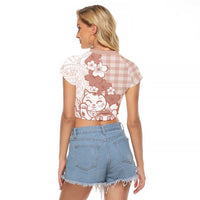 Beige Palaka Hawaiian And Japanese Raglan Cropped T Shirt Maneki Neko And Sakura Bloom DT05 - Polynesian Pride