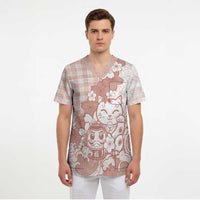Beige Palaka Hawaiian And Japanese Scrub Top Maneki Neko And Sakura Bloom