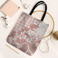 Beige Palaka Hawaiian And Japanese Tote Bag Maneki Neko And Sakura Bloom