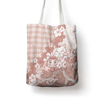 Beige Palaka Hawaiian And Japanese Tote Bag Maneki Neko And Sakura Bloom