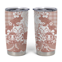 Beige Palaka Hawaiian And Japanese Tumbler Cup Maneki Neko And Sakura Bloom