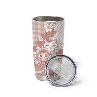 Beige Palaka Hawaiian And Japanese Tumbler Cup Maneki Neko And Sakura Bloom