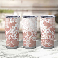 Beige Palaka Hawaiian And Japanese Tumbler Cup Maneki Neko And Sakura Bloom
