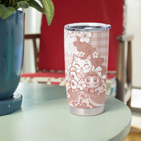 Beige Palaka Hawaiian And Japanese Tumbler Cup Maneki Neko And Sakura Bloom
