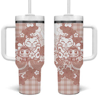 Beige Palaka Hawaiian And Japanese Tumbler With Handle Maneki Neko And Sakura Bloom