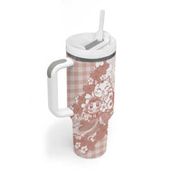 Beige Palaka Hawaiian And Japanese Tumbler With Handle Maneki Neko And Sakura Bloom