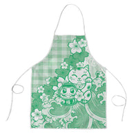 Green Palaka Hawaiian And Japanese Apron Maneki Neko And Sakura Bloom