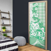 Green Palaka Hawaiian And Japanese Door Cover Maneki Neko And Sakura Bloom