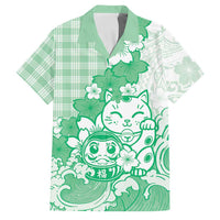 Green Palaka Hawaiian And Japanese Family Matching Off The Shoulder Long Sleeve Dress and Hawaiian Shirt Maneki Neko And Sakura Bloom DT05 Dad's Shirt - Short Sleeve Green - Polynesian Pride